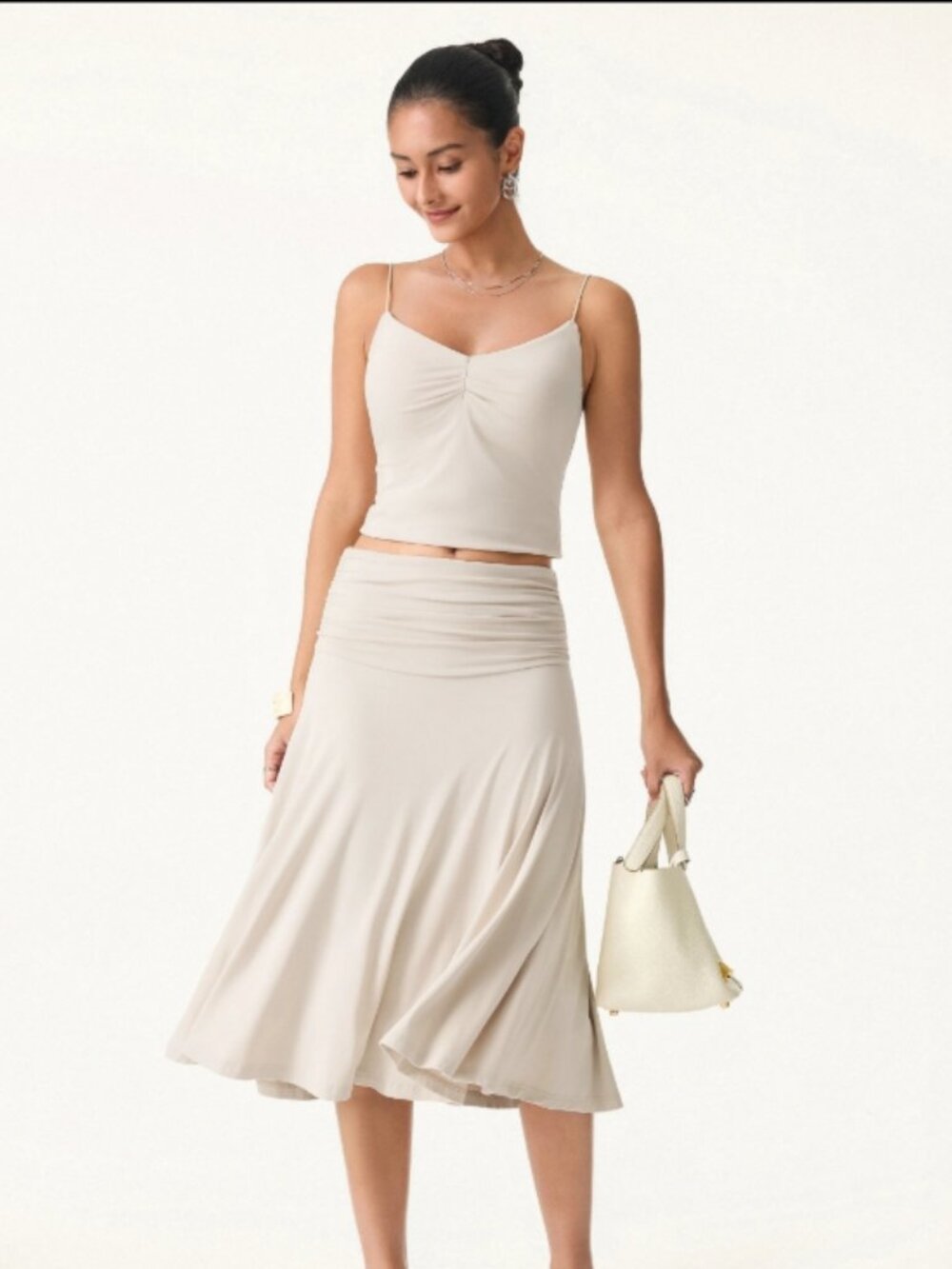 Eco-SkinKiss® Flowy Side Ruched A-line Midi Skirt - Butter Yellow - Picture 2 of 2